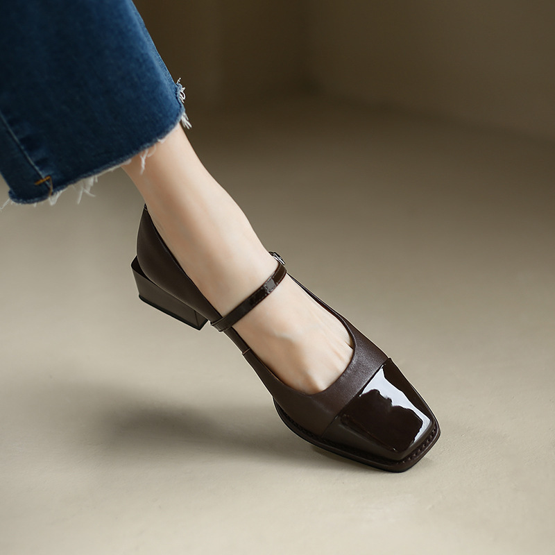 Chunky Heel Leather Shoes: Casual French Style for Women, Square Toe, Brown & Black 5891