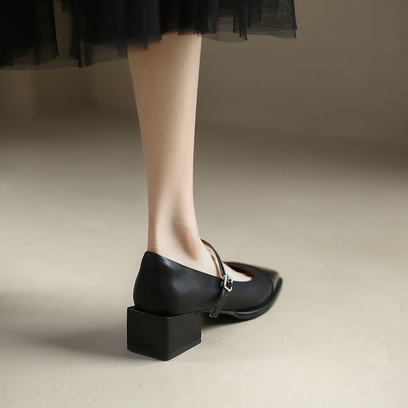 Chunky Heel Leather Shoes: Casual French Style for Women, Square Toe, Brown & Black 5891