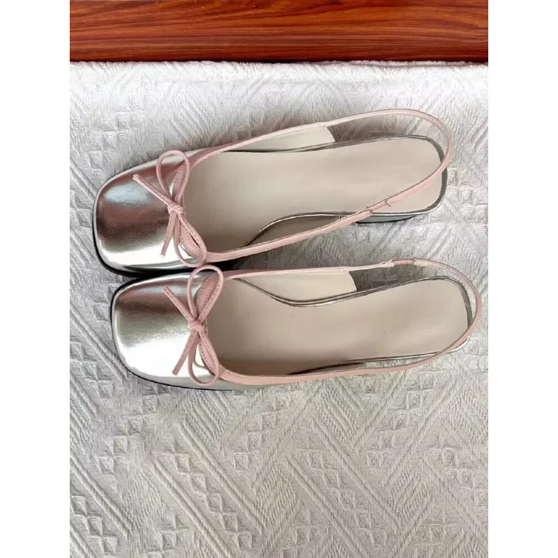 Women Low Heels Sliver Boat Square Toe Slip On Flat Shoes For Woman Ballet New Flats Comfortable Bow Quality Womens Sandals 240924