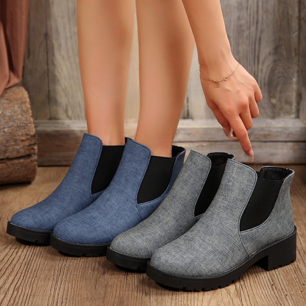 Plus Size Women's Fashion Boots: Round Toe High Heel Chunky Heel, Blue-Grey ee9d