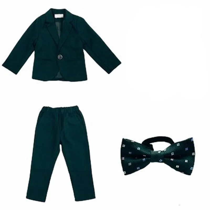 Boys dark green formal wedding party set childrens jacket vest pants tie 4-piece evening dress childrens performance pography costume 240925