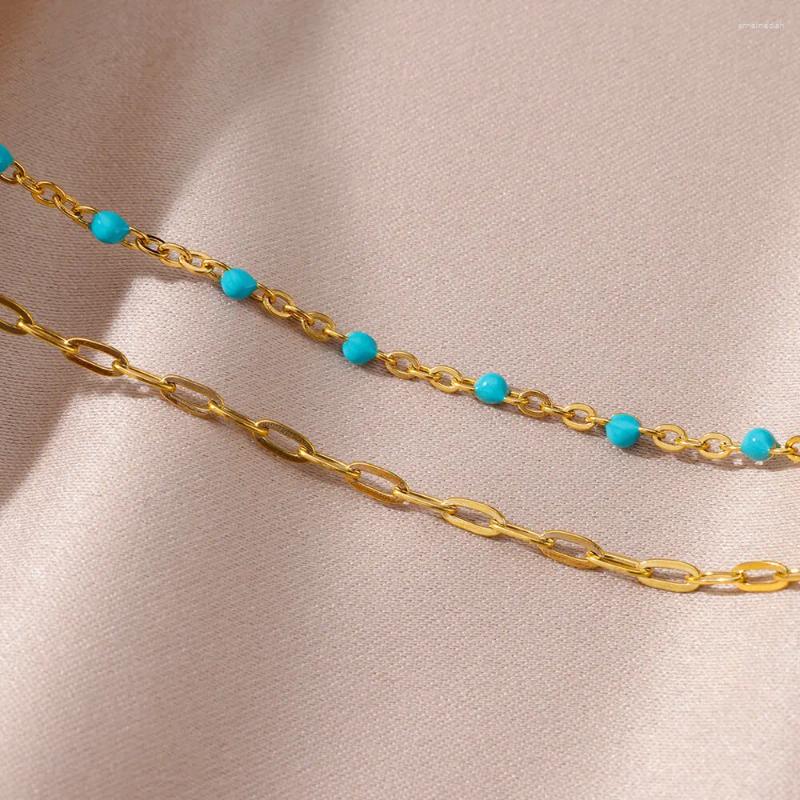 Anklets Blue Beads Double Layer For Women Gold Color Stainless Steel Ankle Bracelet Female Foot Chain On The Leg Jewelry