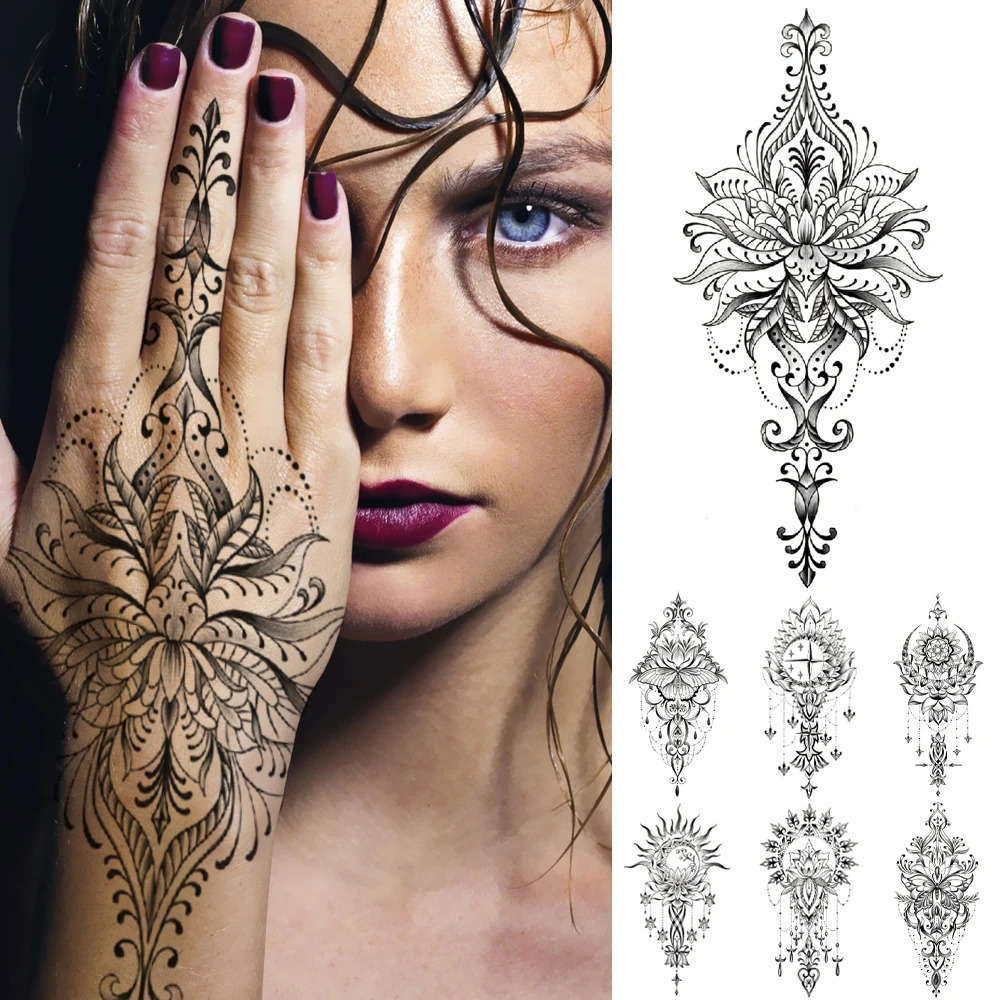 Indian Henna Hand Painted Transfer Waterproof Temporary Tattoo Sticker Moon Lotus Mandala Chain Body Art Tattoos Women Men 240925