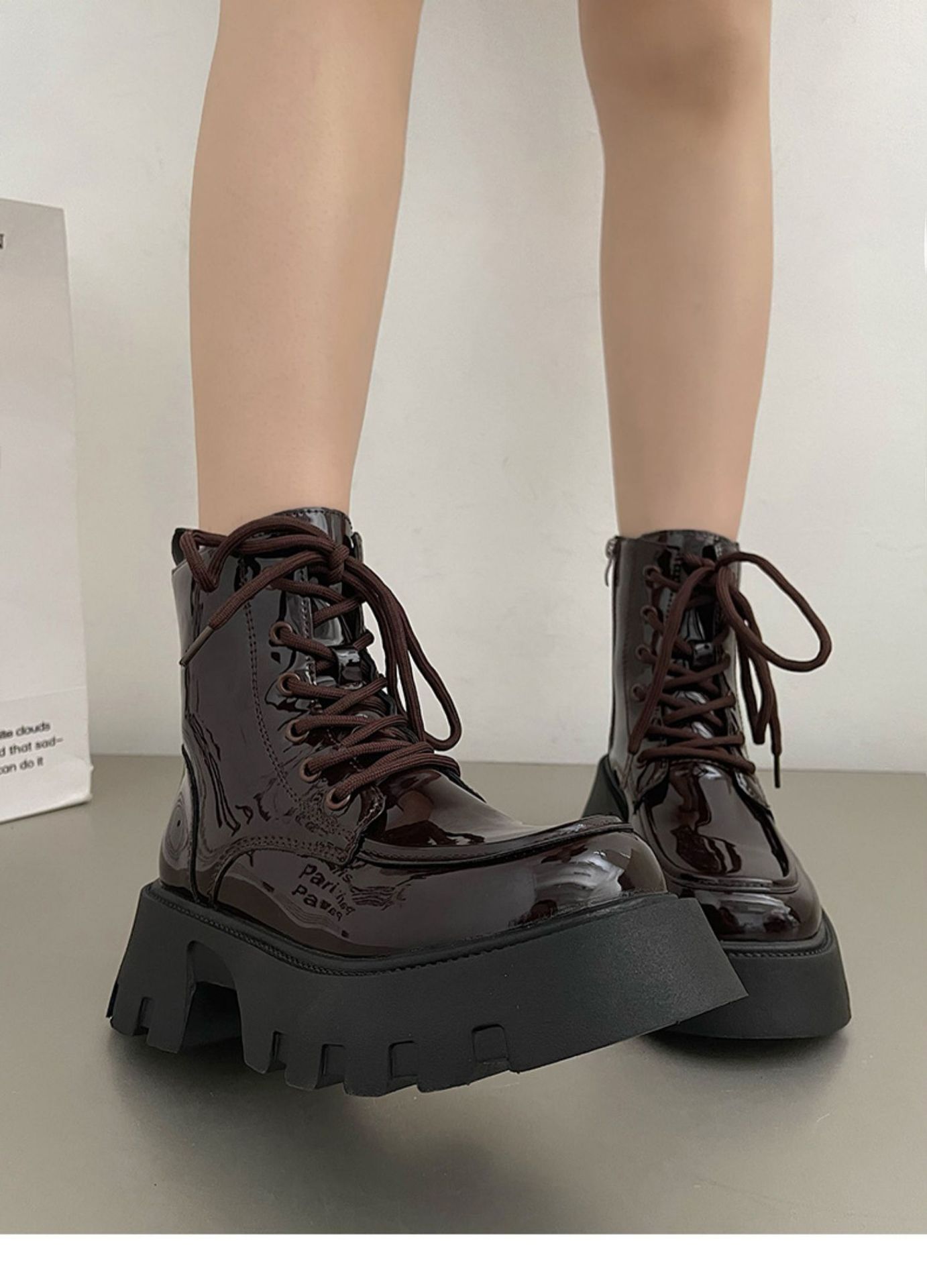 2024 New Stylish Black Martin Boots for Women: Round Toe, Thick Sole, Height Increase 7962