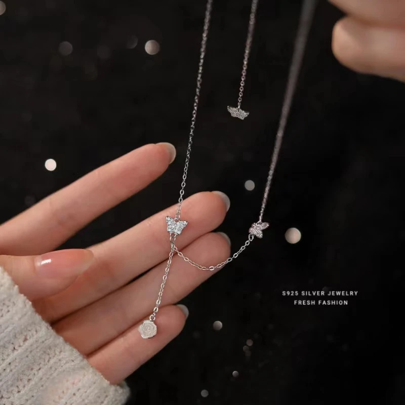 925 sterling silver solid color love asymmetric chain butterfly necklace womens sweet temperature party jewelry stamp gift 240925