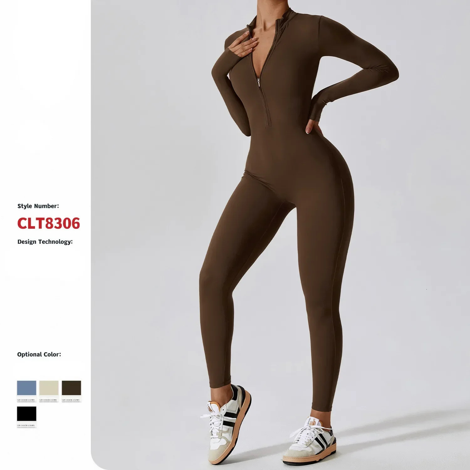 Yoga womens seamless sports zipper jumpsuit long sleeved set elastic gym fiess suit sportswear 240920