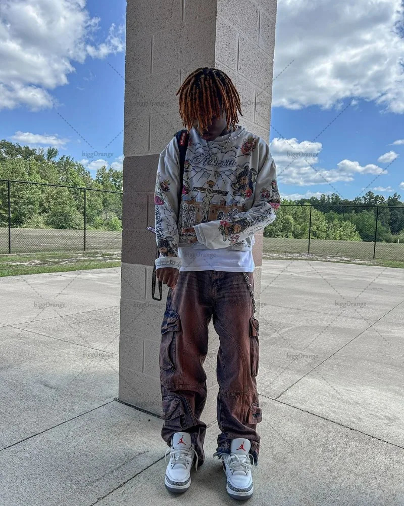 Gothic punk style graphic T-shirt Harajuku American retro oversized long sleeved mens street clothing fashionable casual top 240930