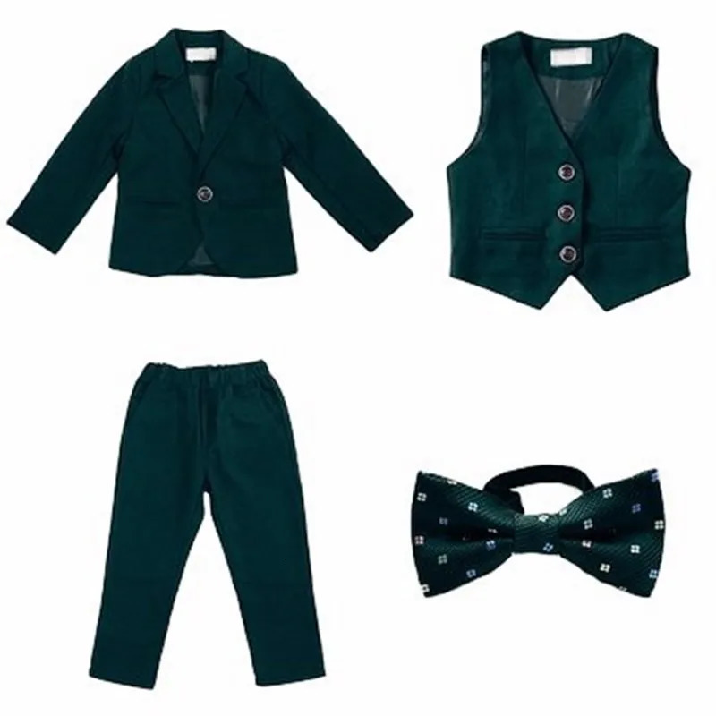 Boys dark green formal wedding party set childrens jacket vest pants tie 4-piece evening dress childrens performance pography costume 240925