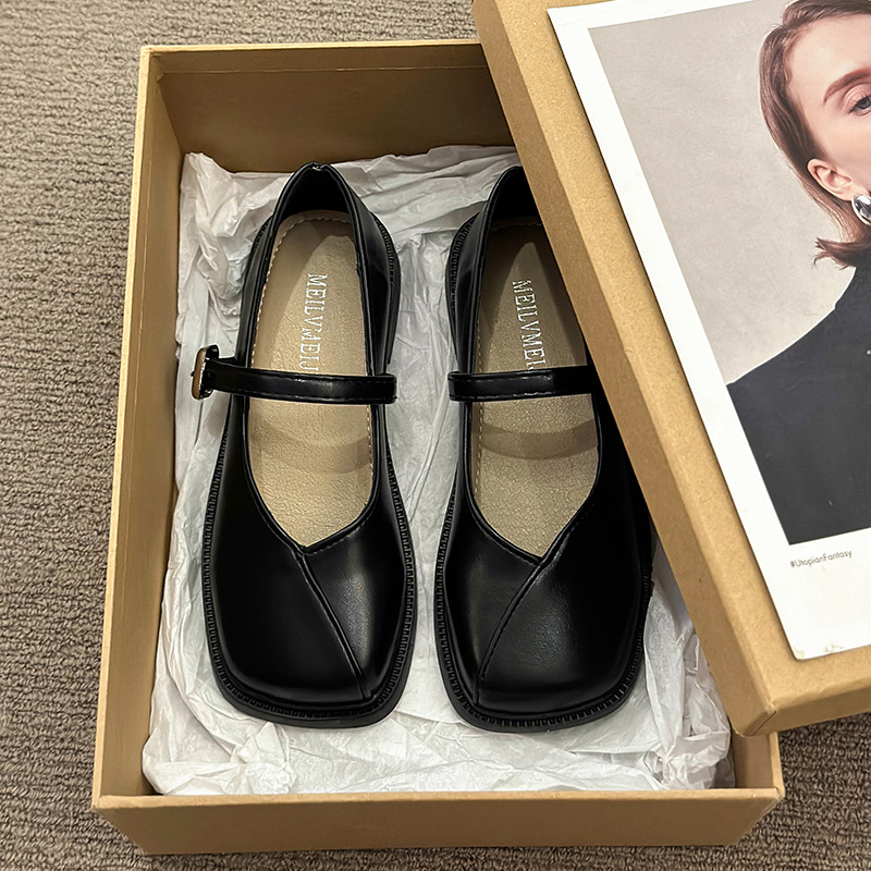 Women Casual Square Toe France Gentle Style Versatile Flat Bottom Leather Shoes Triple Black Beige Sier Free shipping