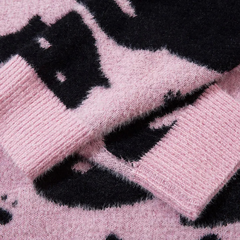 Harajuku sweater knitted cute cat fish oversized pull-out jumper mens hip-hop casual long sleeved comfortable sweater streetwear pink 240930