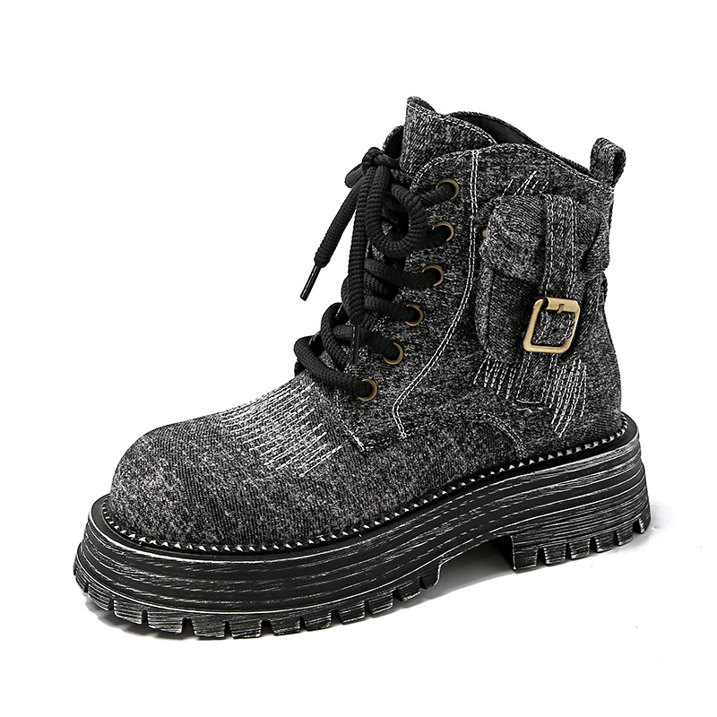 Vintage distressed denim boots with thick soles British style short boot
