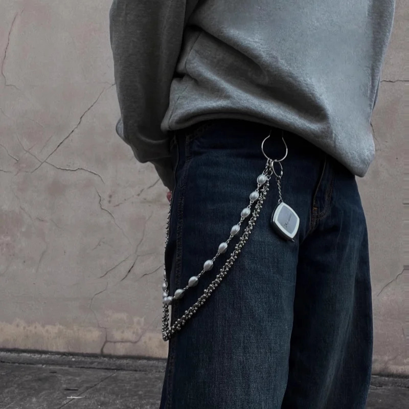 Retro pearl pants chain mens multifunctional single waist trendy accessory silver metal punk hip-hop pants chain y2k 240924