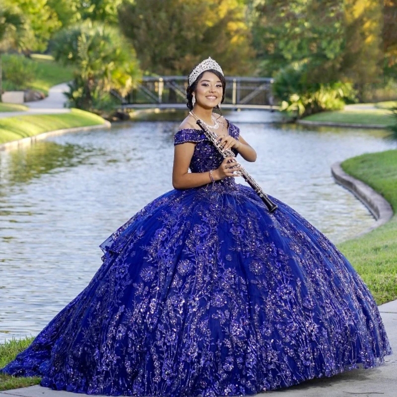 Navy Blue Princess Quinceanera Dresses Off the Shoulder Ball Gown Sweet 16 Dress Sequin Appliques Lace Beads Tull Party Birthday Vestidos 15 Anos