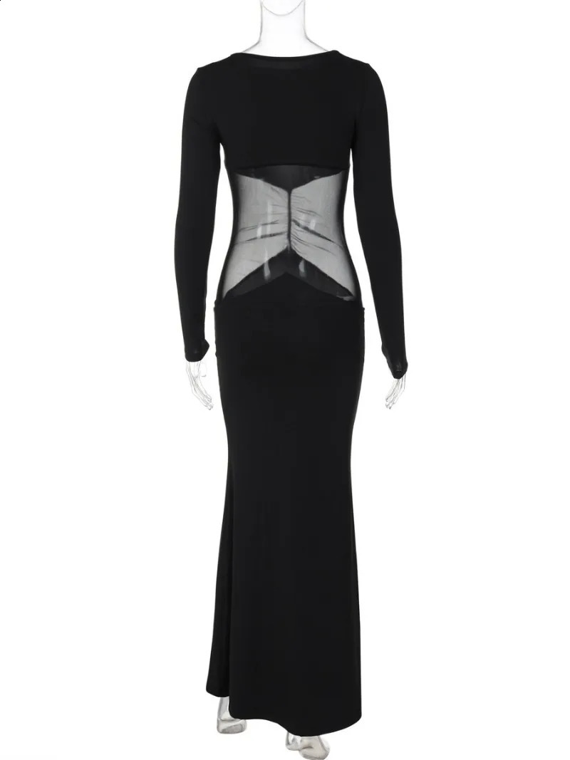 Womens Clothing Mesh Patch Hollow Black Long Dress Autumn Elegant Womens Body Folding High Waist Party Evening Dress 240930