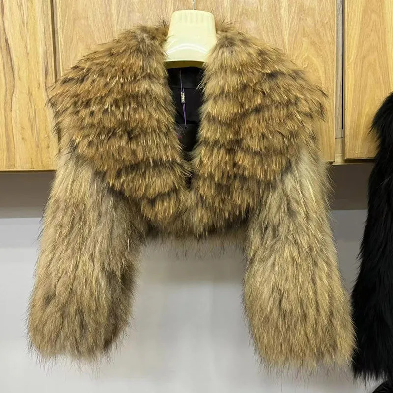 Women's Knitted Genuine Fur Coat Raccoon Leather Jacket With Big Collar B1