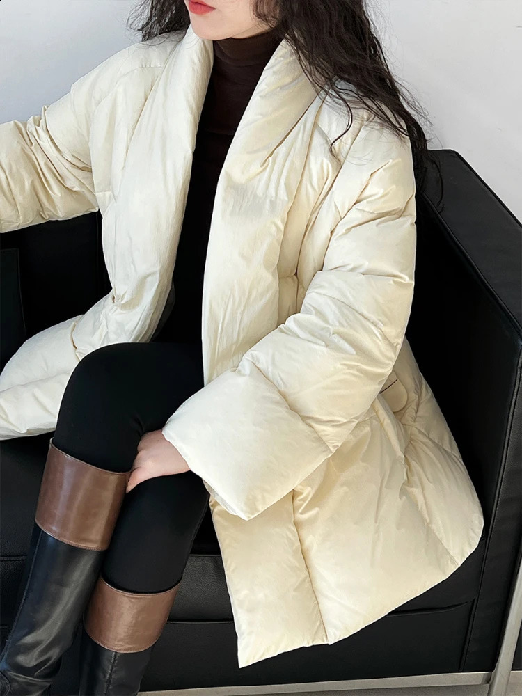 Winter Coats down jacket womens V-neck thick jacket warm jacket Chinese style with belt high-end chiffon womens down jacket 240930