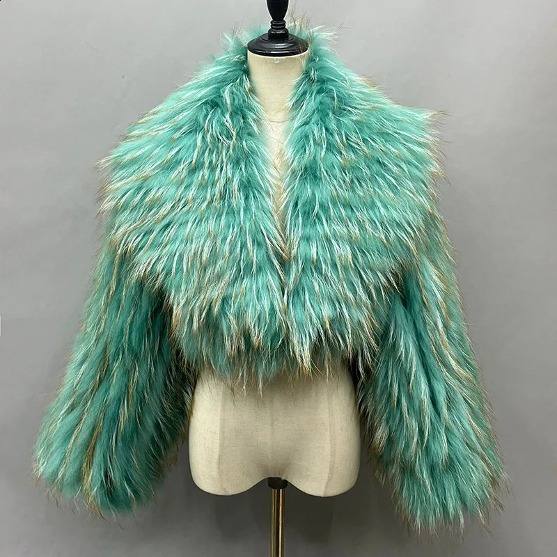 Women's Knitted Genuine Fur Coat Raccoon Leather Jacket With Big Collar B1