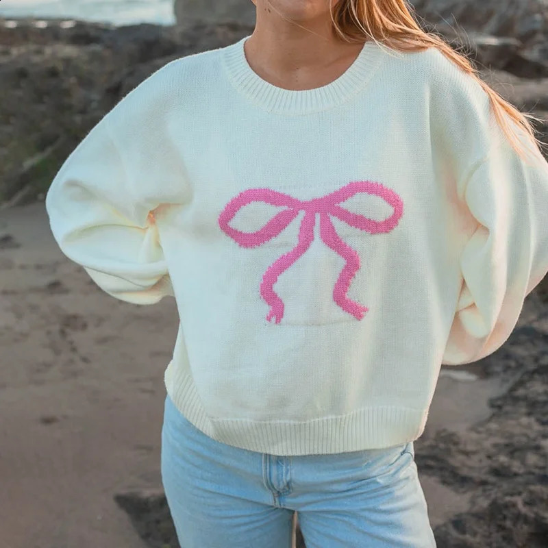 Women Y2K Printed Pullover Sweater Top Cute Bowknot Graphic Long Sleeve Crew Neck Knit Fall Winter Jumpers Streetwear 240930