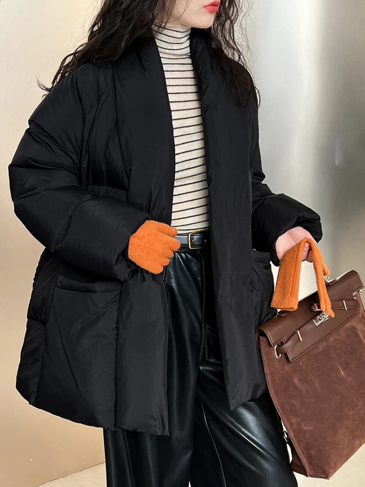 Winter Coats down jacket womens V-neck thick jacket warm jacket Chinese style with belt high-end chiffon womens down jacket 240930
