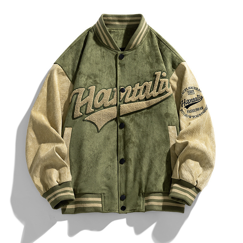 Men Letter Graphic Striped Trim Colorblock Drop Shoulder Varsity Jacket
