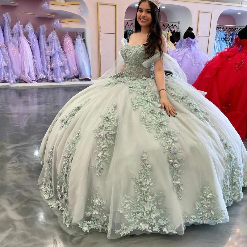 Light Green Quinceanera Dresses Ball Gown Off The Shoulder 3D Floral Applique Lace Beading Tull Corset Sweet 16 Dress Vestido 15 De Anos