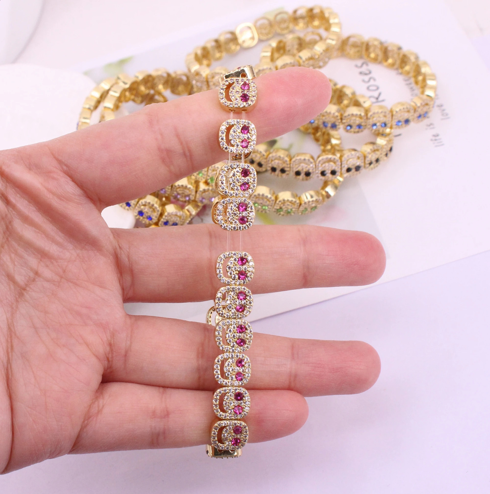 -2 pieces/batch gold-plated copper metal mixed color smiling zircon/CZ 8mm wide bracelet jewelry search items DIY 240925