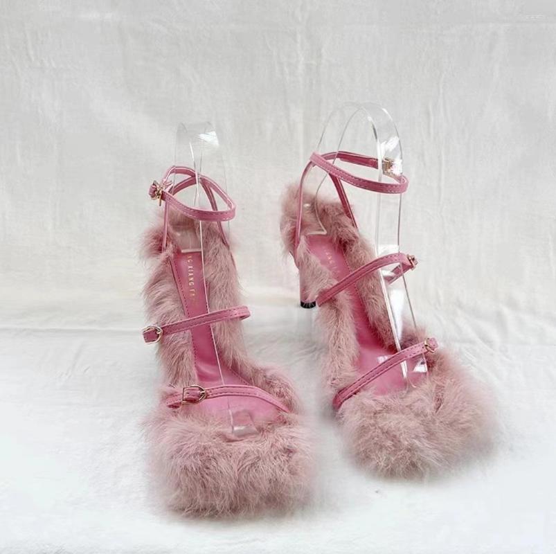 Sandals Internet Celebrity Style Square Toe Buckle Fur Open Strap High Mid Heel Stiletto Furry Elegant Sweet Outerwear