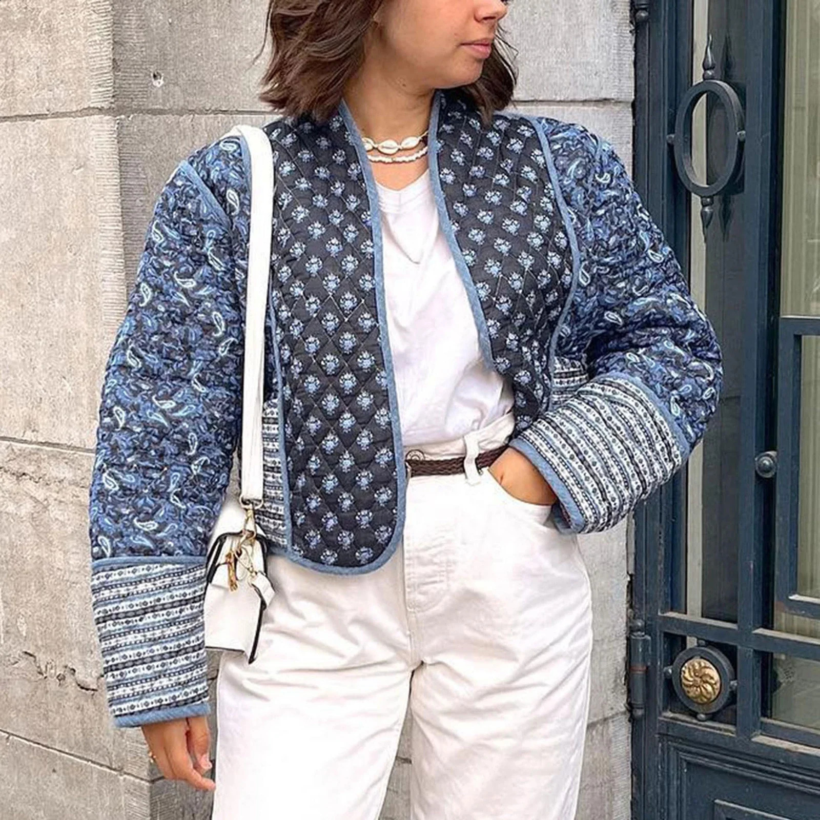 Combhasaki Womens Y2K Retro Floral Print Rack Collar Open Quilted Short Sleeve Puff Jacket Long Sleeve Padded Coat 240924