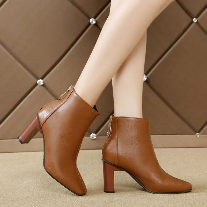 Booties Work Short Shoes for Women Brown New Female Ankle Boots Very High Heels Heeled Footwear Y2k Comfortable and Elegant Autumn 240927