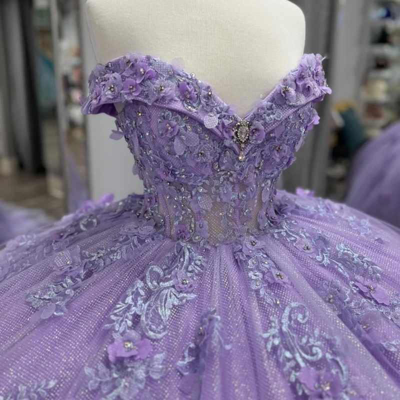 Lavender Quinceanera Dresses Applique Beaded 3D Flowers Applique Beads Off Shoulder Ball Gown Sweet 16 Dress Birthday Party Vestidos De 15 Anos