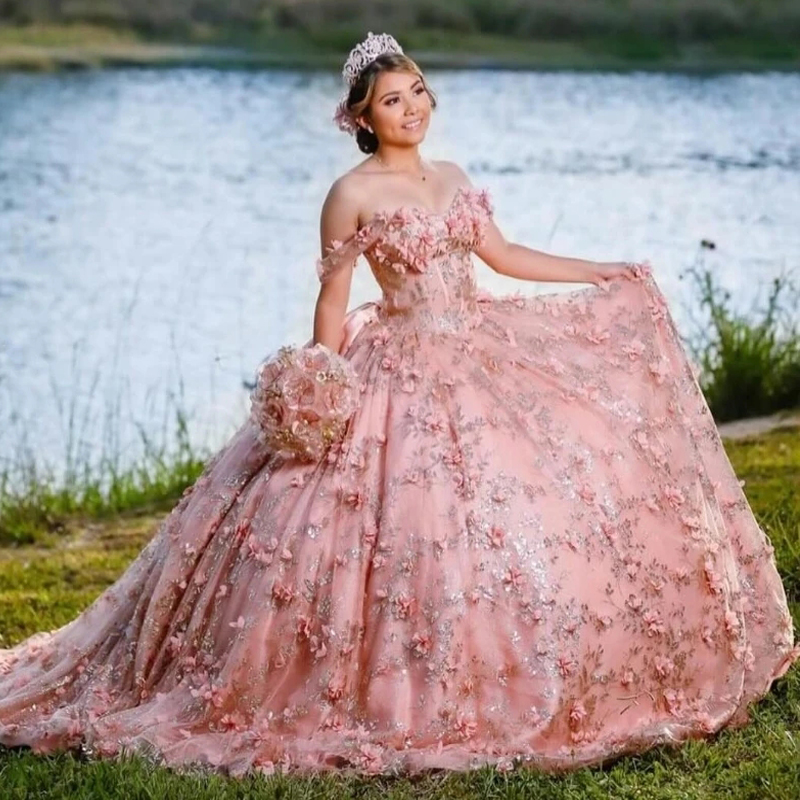 Mexico Pink Off The Shoulder Ball Gown Quinceanera Dresses Sequin Applique Lace Beaded 3D Flowers Gowns Party Birthday Dress Sweet 16 Dress