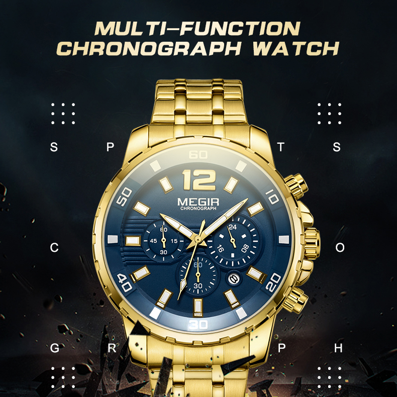 MEGIR 2068 Men's Business Sports Multi functional Watch, Leisure Luxury Waterproof Stainless Steel Timing Quartz Men's Watch 02
