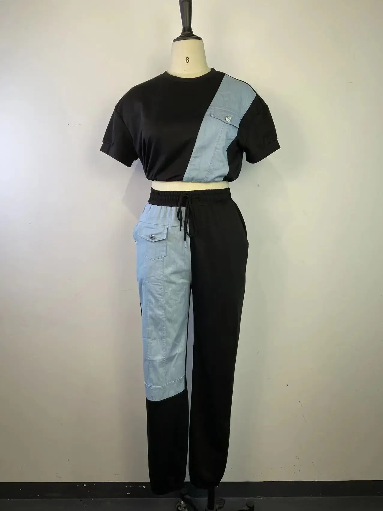 Sports denim patch womens twopiece set sportswear Tshirt and jogging pants matching 240927