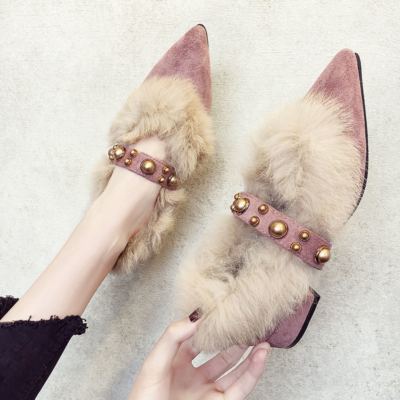 2024 New Coarse Heel Pointed Velvet Cotton Single Shoes