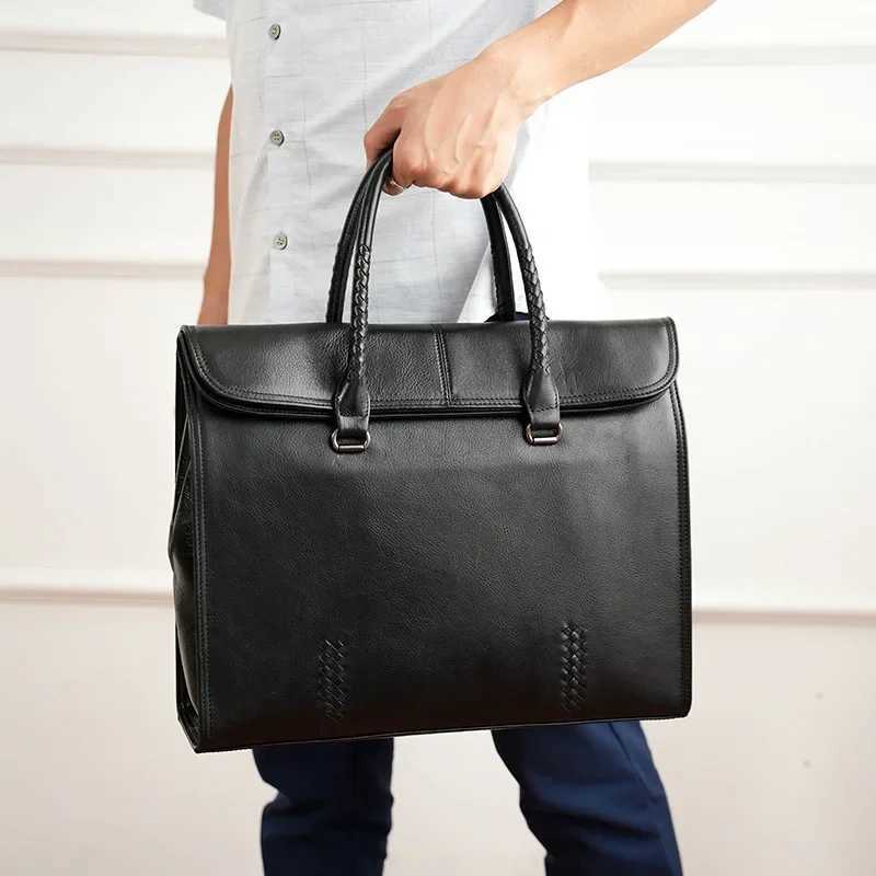 Men Genuine Leather High-End Business Briefcase Niche Design Laptop bag Large Capacity First Layer Cowhide Bag Woven Handbag MenXJ241004