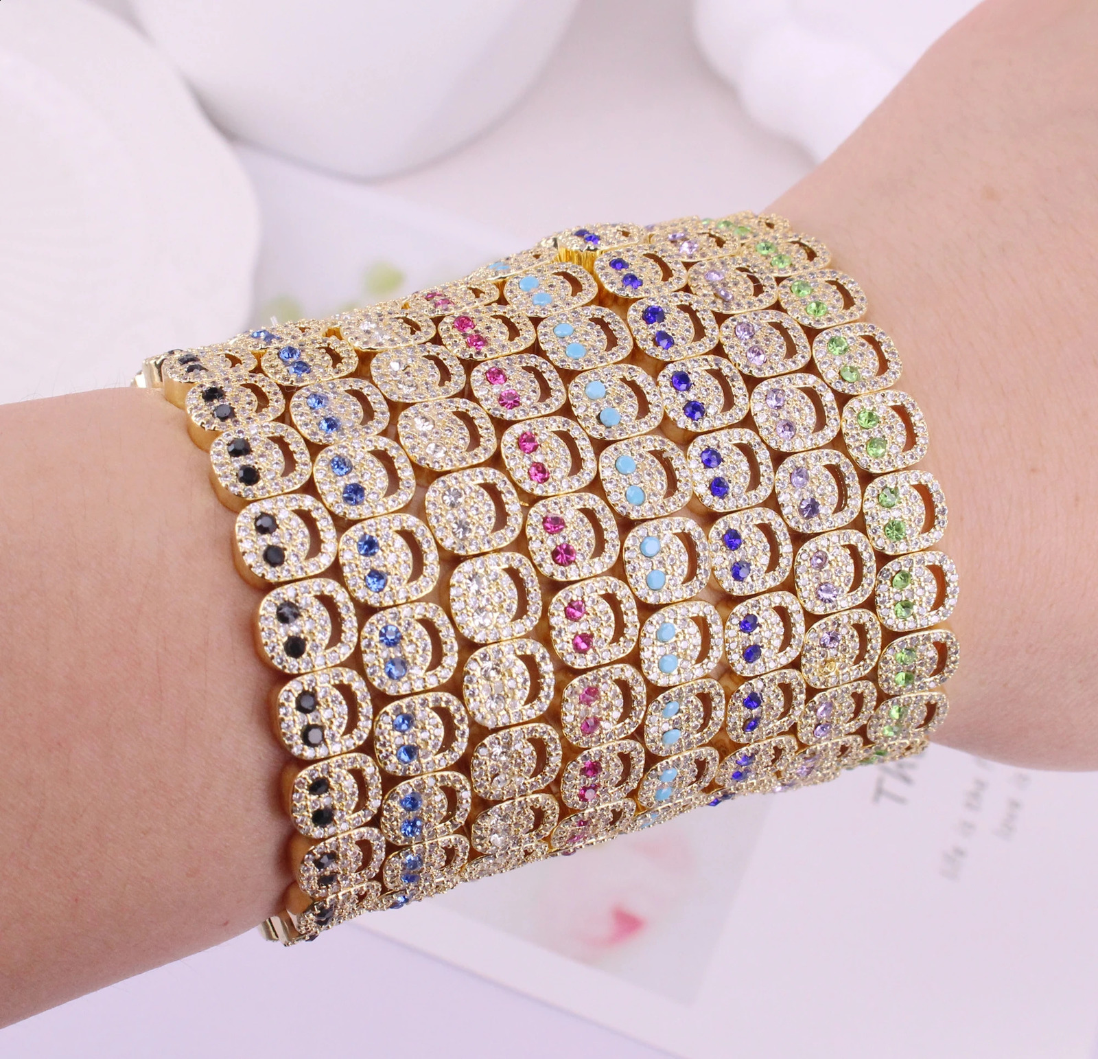 -2 pieces/batch gold-plated copper metal mixed color smiling zircon/CZ 8mm wide bracelet jewelry search items DIY 240925