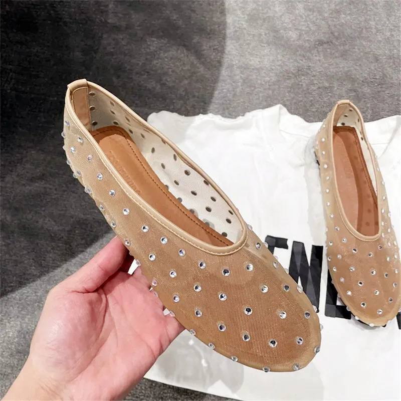 crystal rivet mesh sandals for women lightweight and breathable apartments fashionable and comfortable mule shoes elegant slippers ballet shoes 240923