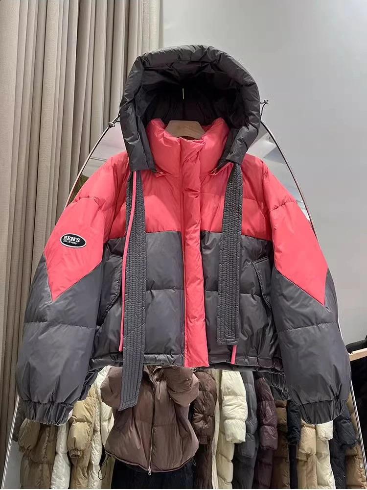 Winter plus size thick down jacket womens Y2k sweet casual bread set hoodie contrasting color white duck puff jacket 240924