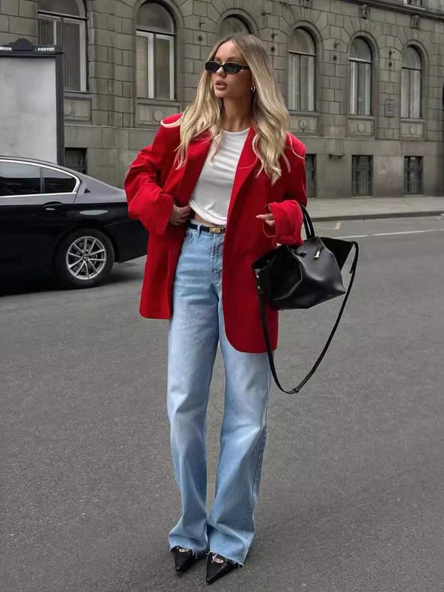 Bornladies Womens Red Suit Temperament Shoulder Pads Loose Coat Collar Pocket Casual Cardigan Fashion Office Ladies Suit JacketX2410
