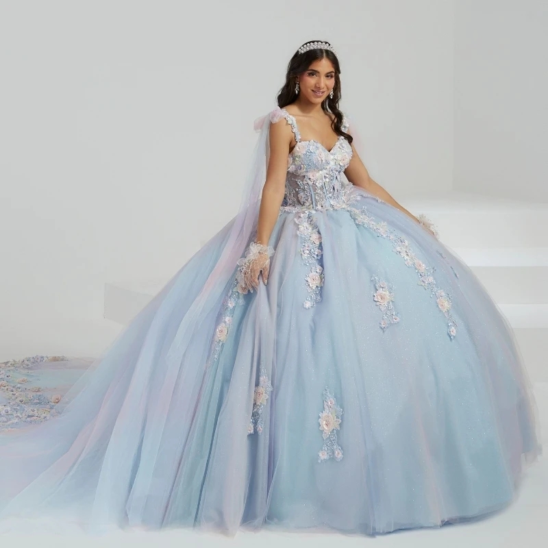 Sky Blue Shiny Quinceanera Dresses Ball Gown Lace Applique Beading Tull With Cape Mexico Sweet 16 Dress Vestidos De XV 15 Anos
