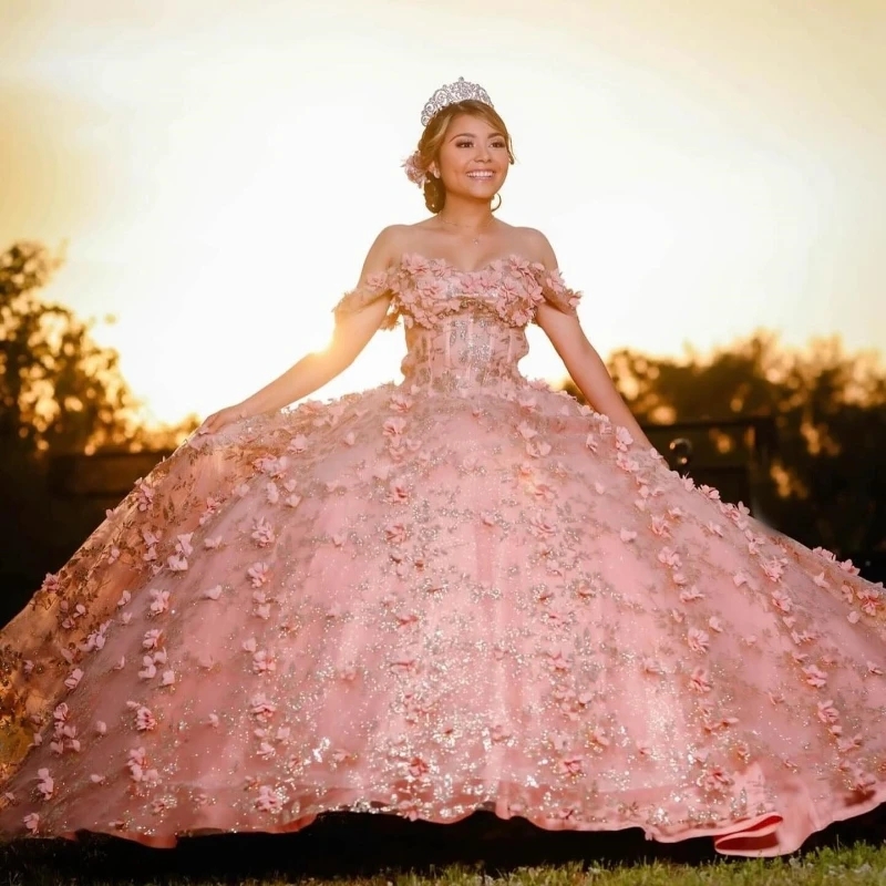 Mexico Pink Off The Shoulder Ball Gown Quinceanera Dresses Sequin Applique Lace Beaded 3D Flowers Gowns Party Birthday Dress Sweet 16 Dress