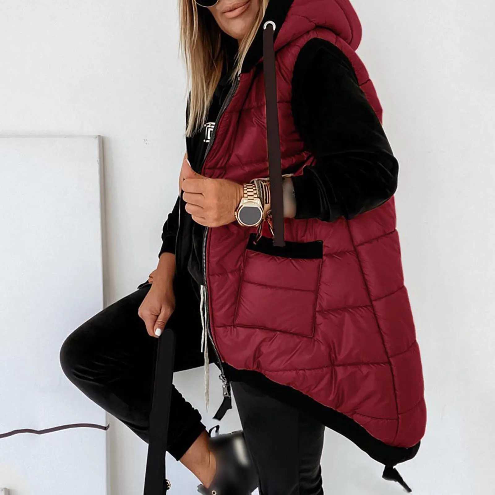 Sleeveless hooded vest womens autumn fashion long cotton apron jacket womens winter warm waterproof vest M241004