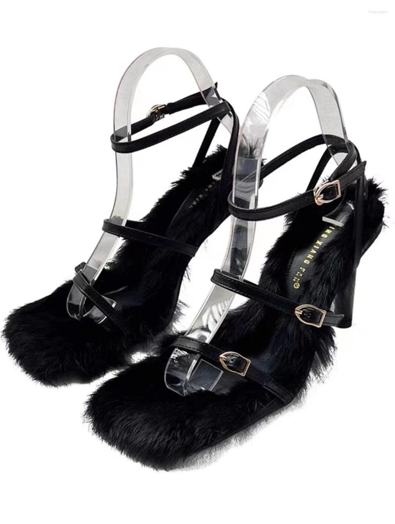 Sandals Internet Celebrity Style Square Toe Buckle Fur Open Strap High Mid Heel Stiletto Furry Elegant Sweet Outerwear