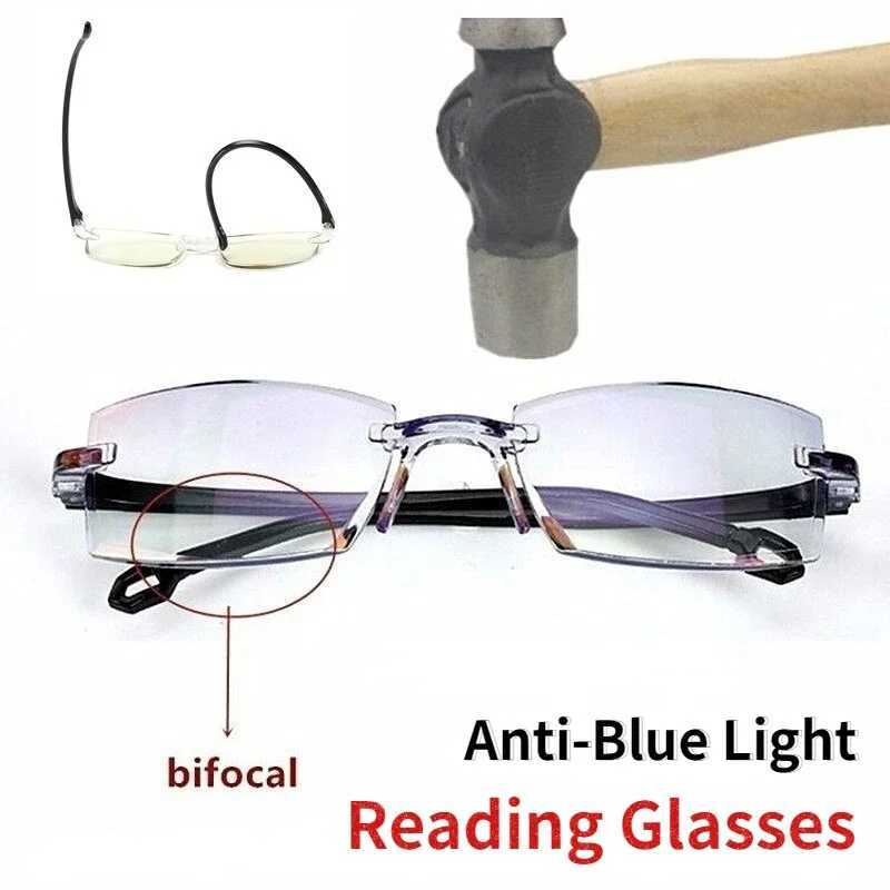 2 Pair New Men Women Rimless Reading Glasses Anti Blue Light Bifocal Far Near Magnification Eyewear Presbyopic Glasses +150 +200XJ240907
