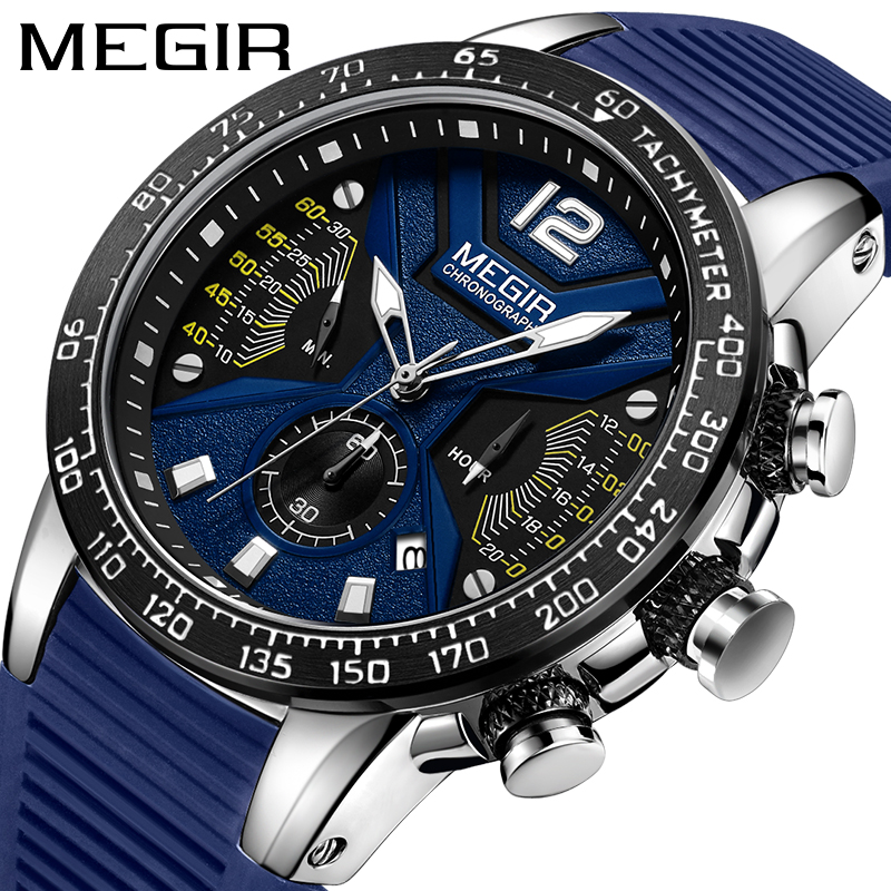 MEGIR Blue Sports Watch Men's Silicone Strap Timing Waterproof Night Light Fashion Casual Quartz Watch Men's 2106
