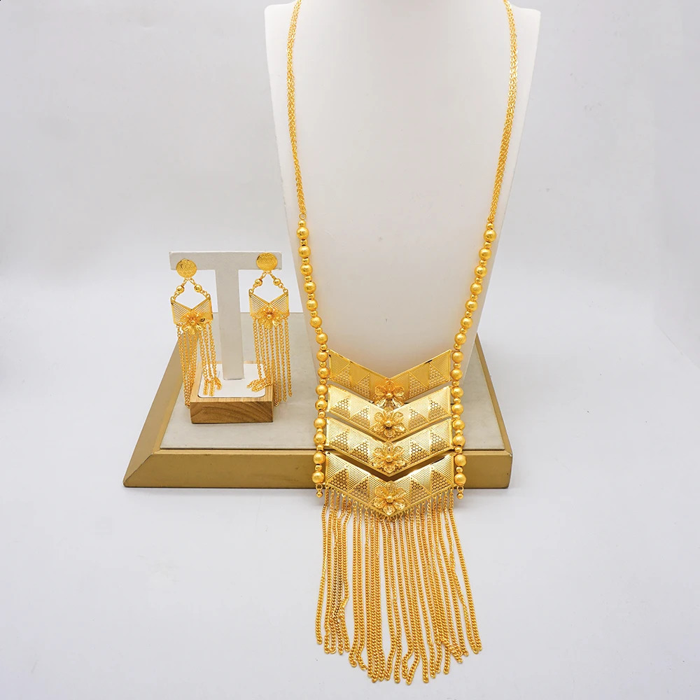 Dubai Grand Necklace Set African Wedding Banquet Jewelry Long Gold Plated Bridal Set 240926