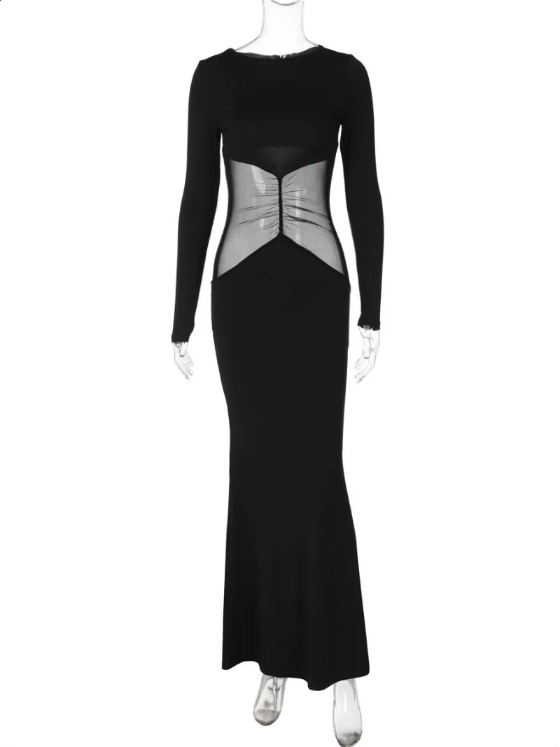 Womens Clothing Mesh Patch Hollow Black Long Dress Autumn Elegant Womens Body Folding High Waist Party Evening Dress 240930