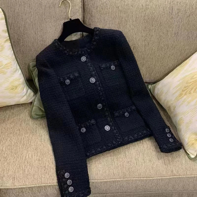 Black Roman wool classic short sleeved jacket womens coarse tweed top 240924