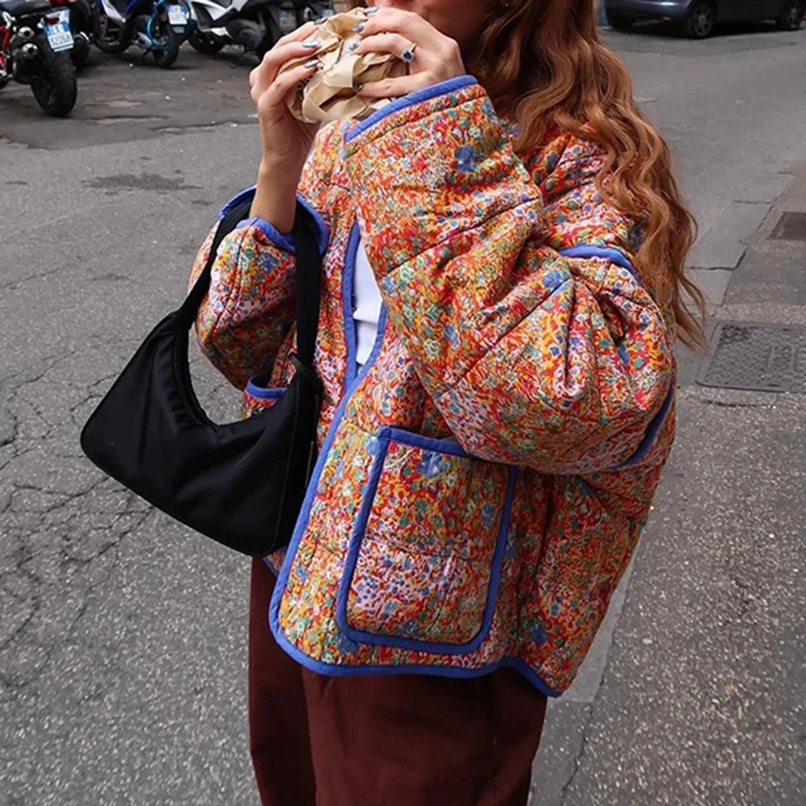 Combhasaki Womens Y2K Retro Floral Print Rack Collar Open Quilted Short Sleeve Puff Jacket Long Sleeve Padded Coat 240924