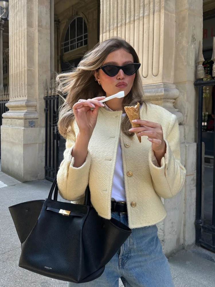 Womens coarse woolen jacket single chest elegant loose jacket long sleeved jacket womens thick casual office womens jacket fashionable top 240930